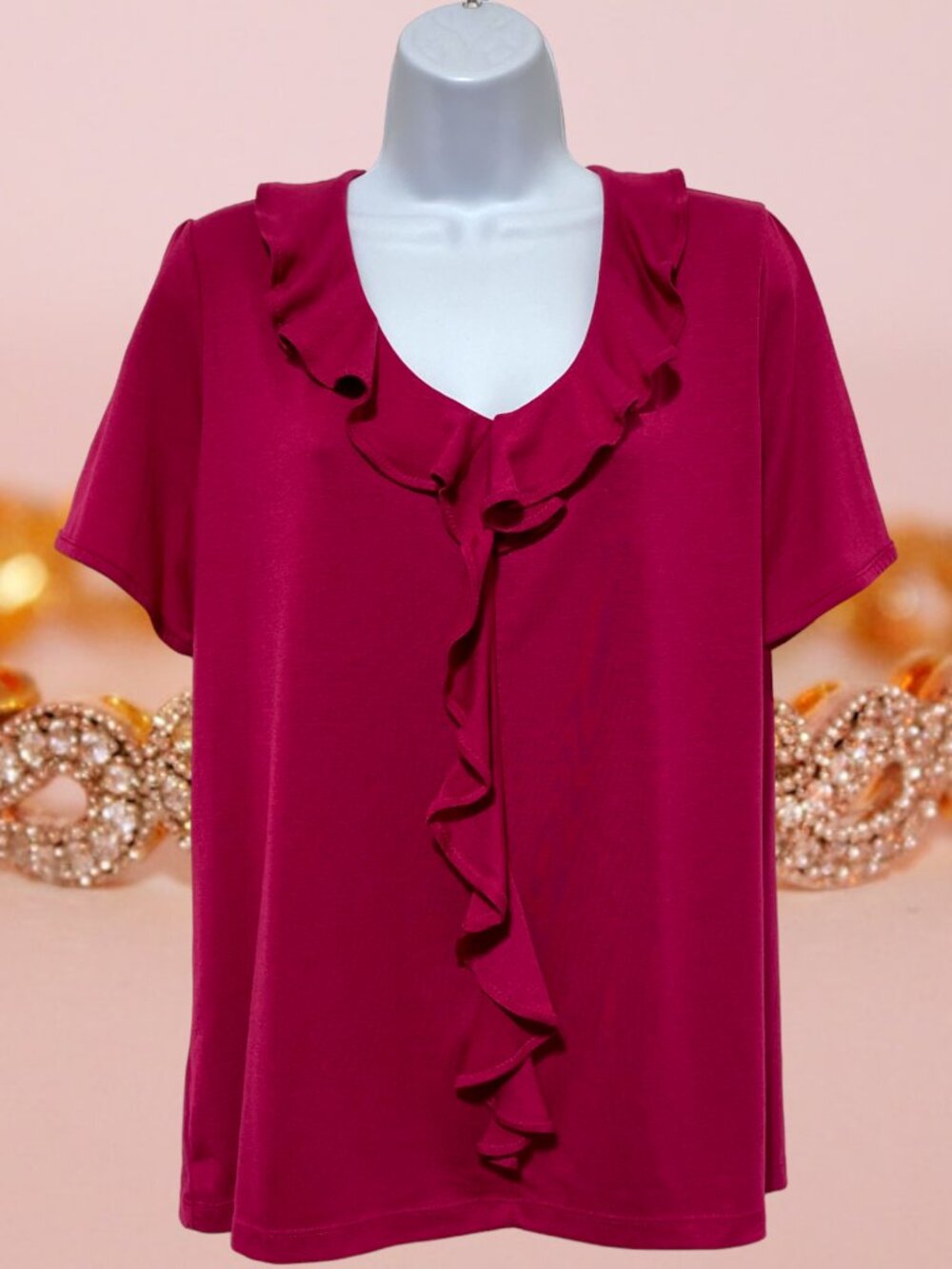 Jaclyn Smith-Women's Large Top Pink Pullover Short Sleeve Ruffle V-Neckline